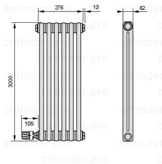 Схема (чертеж) Радиатор Zehnder Charleston 2300/6 №V004 Белый глянцевый RAL 9016